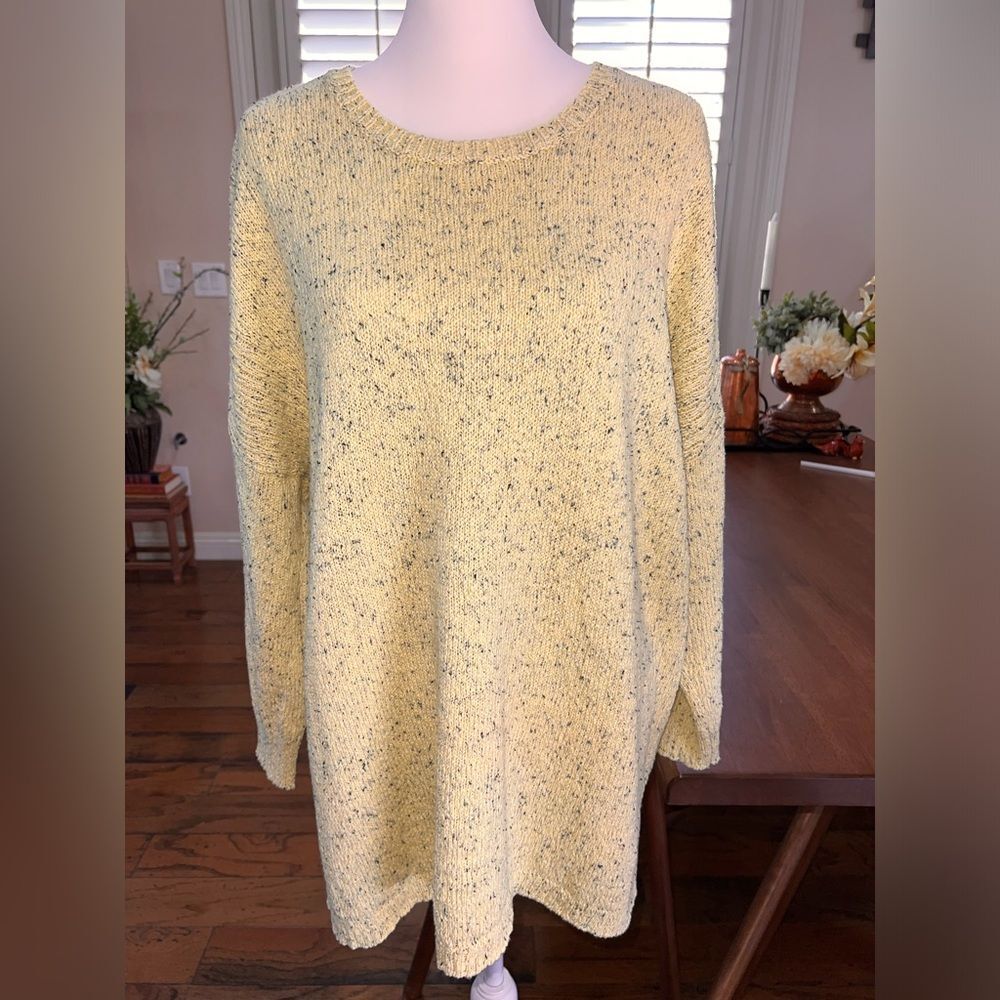 J.Jill Cotton Knit Crew Neck 3/4 Dropped Sleeve Side Slit Sweater Yellow XL tall